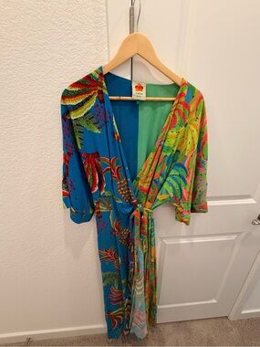 FARM Rio Colorblock Tropical Wrap Dress - Blue, Green & Yellow